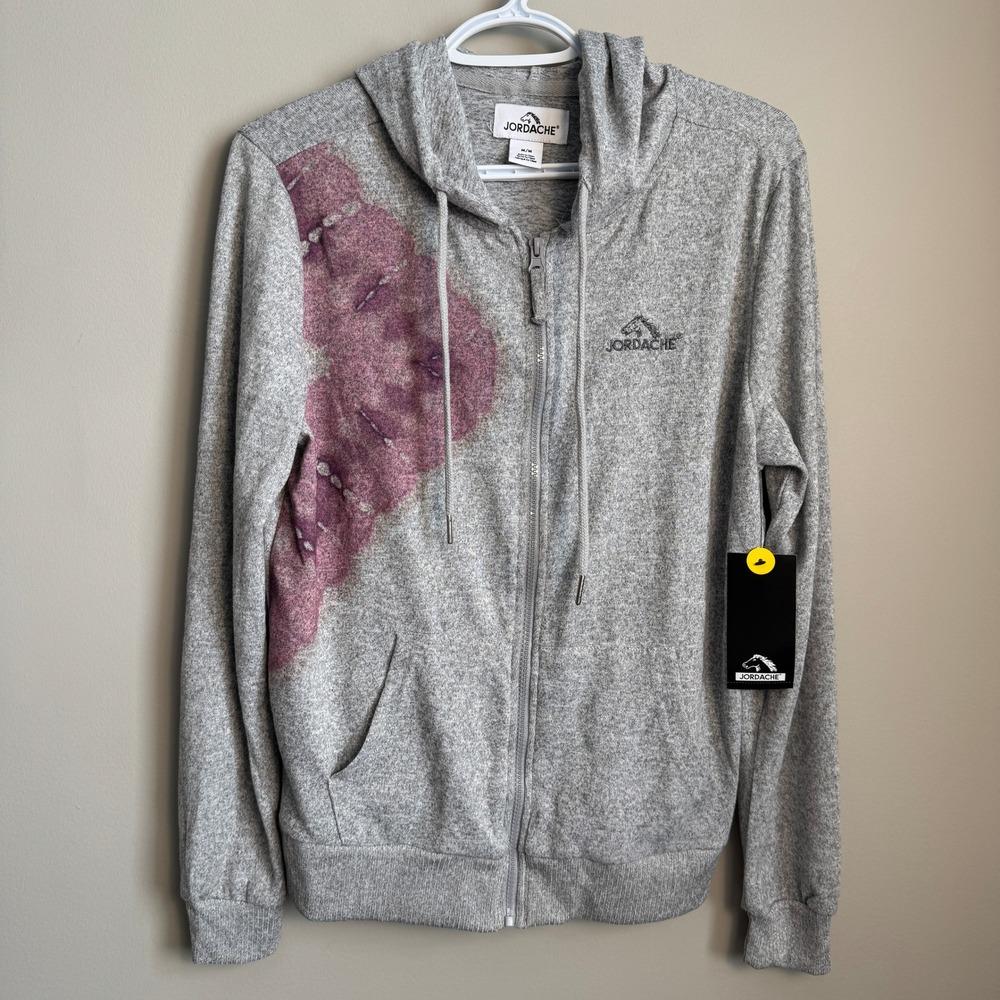 Jordache Full Zip Hoodie Tie Dye Graphic Heather Gray Medium Womens NWT Y2K